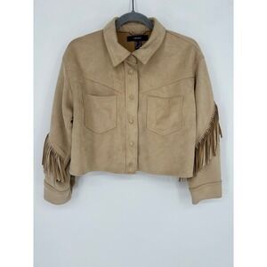 Forever 21 Fringe Jacket Womens M Tan Faux Suede Western Boho Cropped Festival